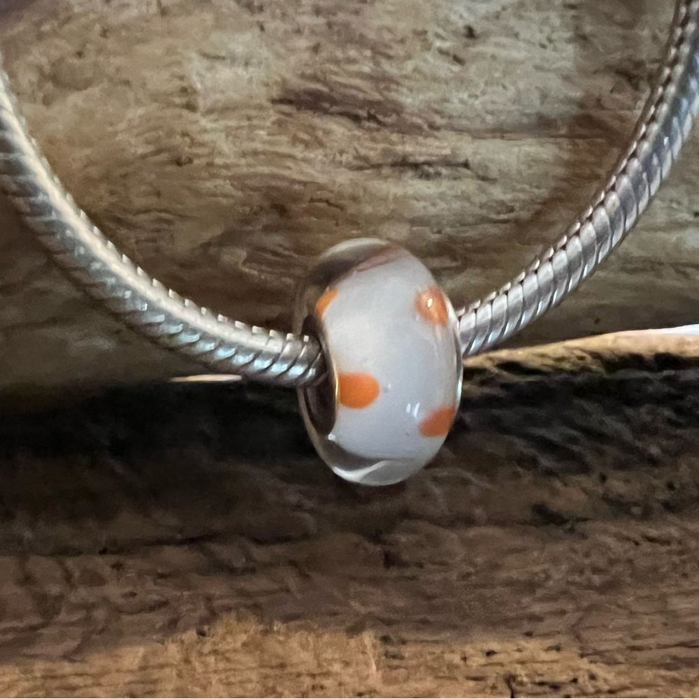 New Authentic Chamilia Charm Coral Polka Dot Murano Glass Bead Orange White